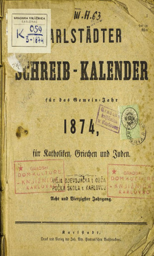 Karlstädter Schreib - Kalender – 1874.