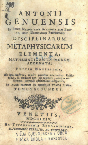 Antonii Genuensis ... Disciplinarum metaphysicarum elementa, mathematicum in morem adornata, sv.2