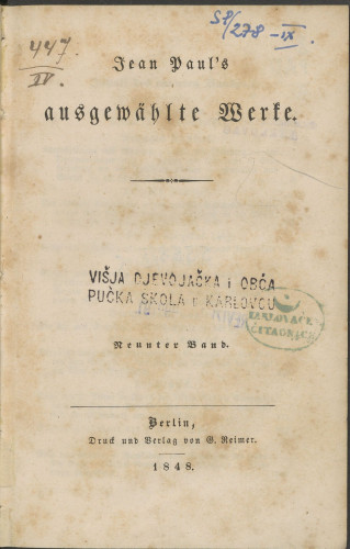 Jean Paul`s ausgewahlte Werke;  Neunter Band : Neunter Band.