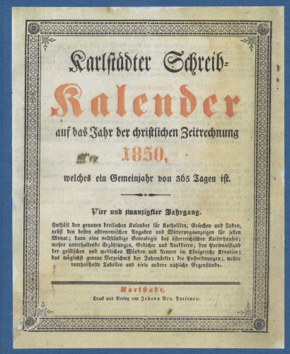 Karlstädter Schreib - Kalender – 1850.