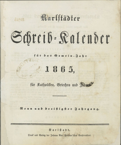 Karlstädter Schreib - Kalender – 1865
