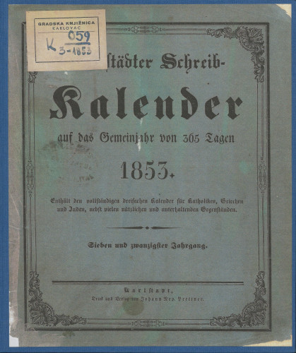 Karlstädter Schreib - Kalender – 1853.