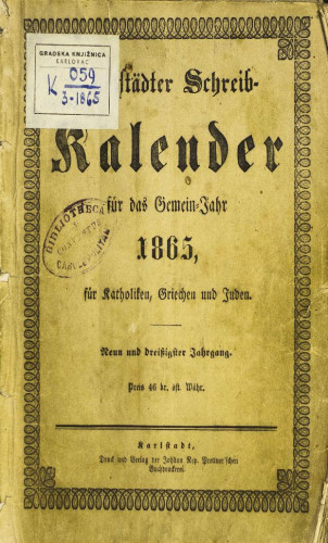 Karlstädter Schreib - Kalender – 1865