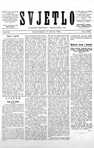 Svjetlo : slobodni neodvisni i nepolitički list: 1902 • 33