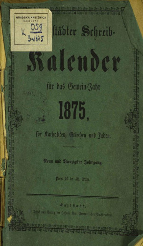 Karlstädter Schreib - Kalender – 1875.